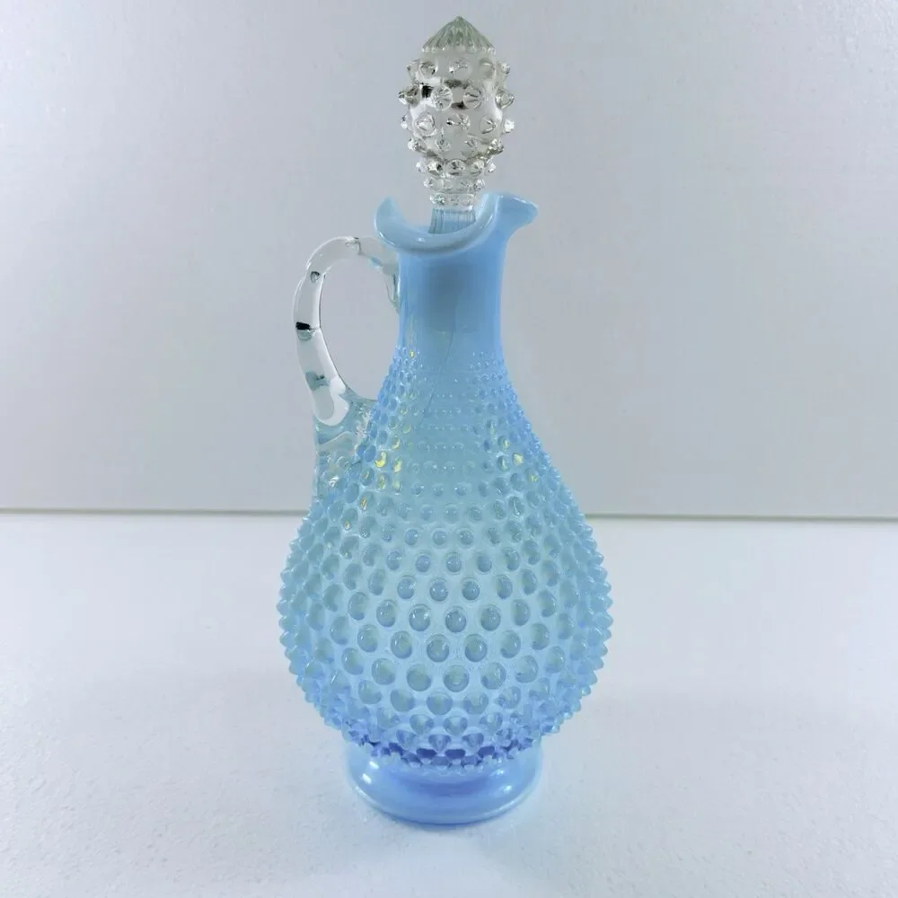 Vintage Fenton Glass Blue Opalescent Hobnail Wine Decanter Pitcher W/ Stopper